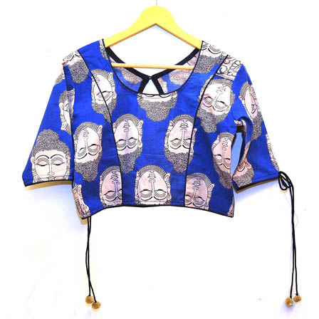 Blue and White Buddha Face Kalamkari Print Cotton Blouse-30004