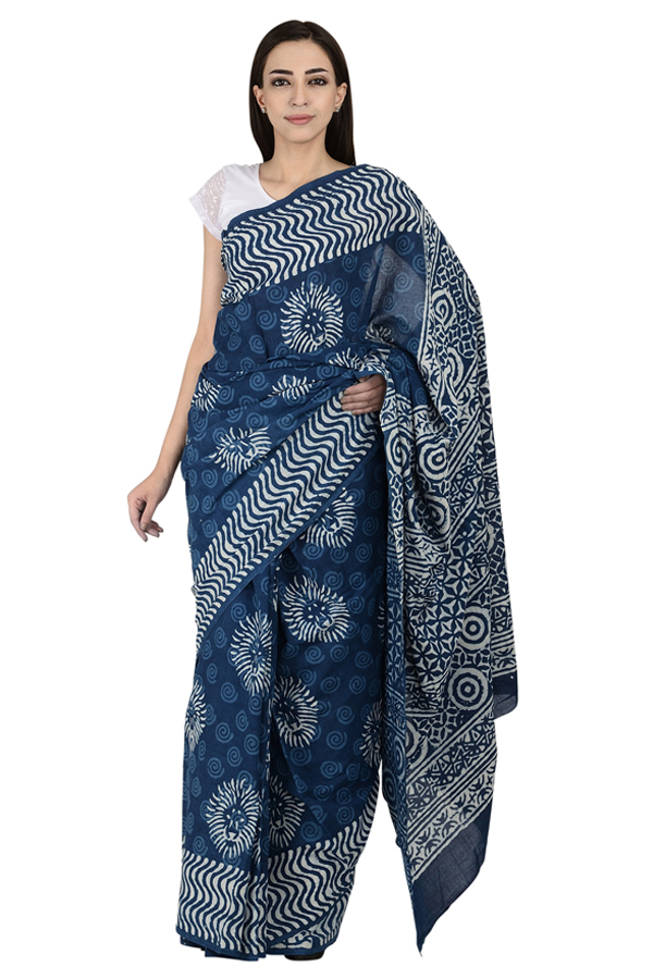 Blue and White Circular Design Cotton Block Print Saree-20077