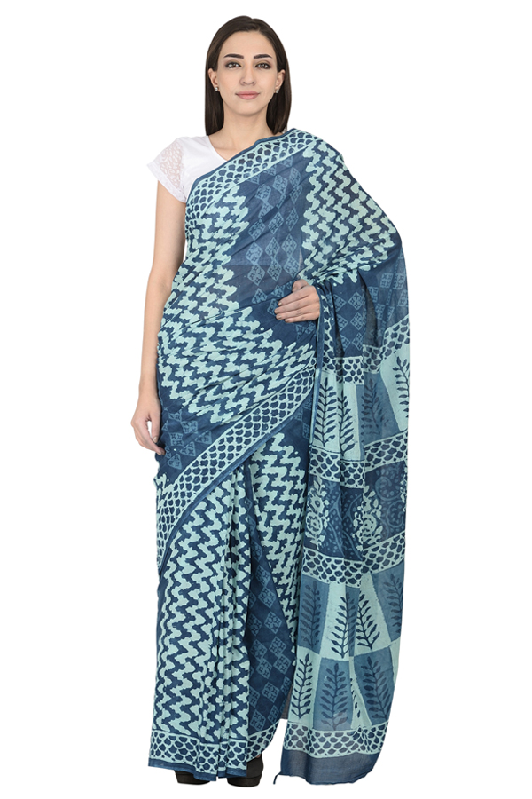 Blue and White Cotton Block Print Saree-20093