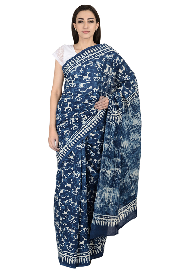 Blue and White Cotton Indigo Block Print Saree-20073