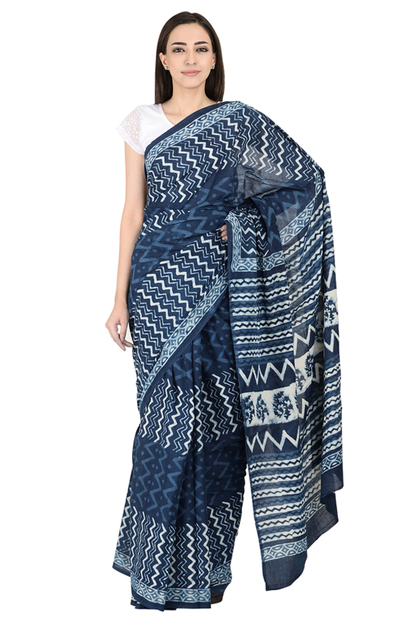 Blue and White Cotton Indigo Block Print Saree-20087