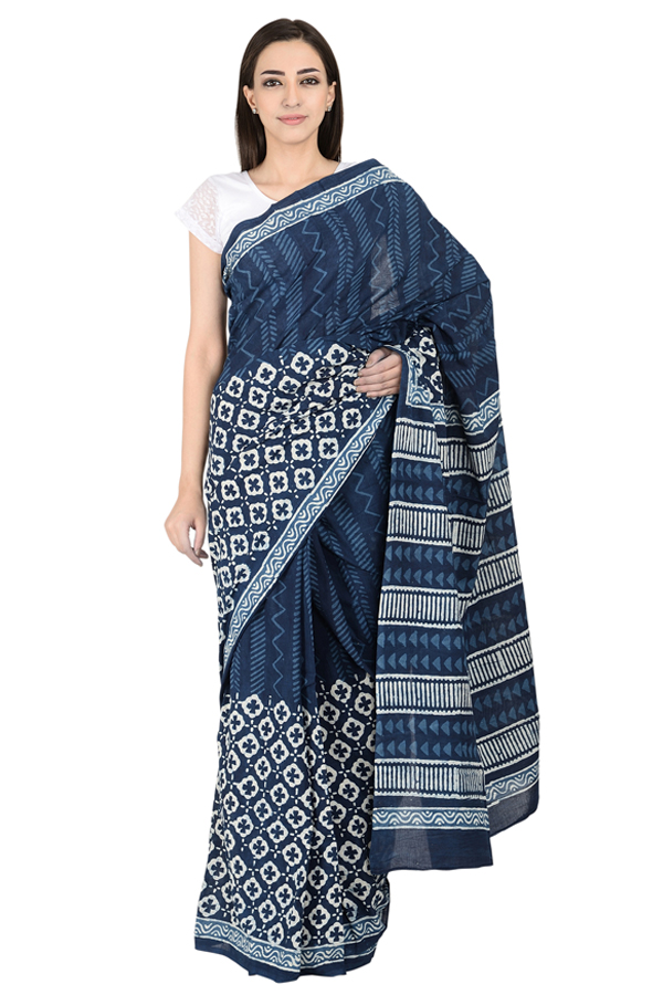 Blue and White Cotton Indigo Block Print Saree-20088