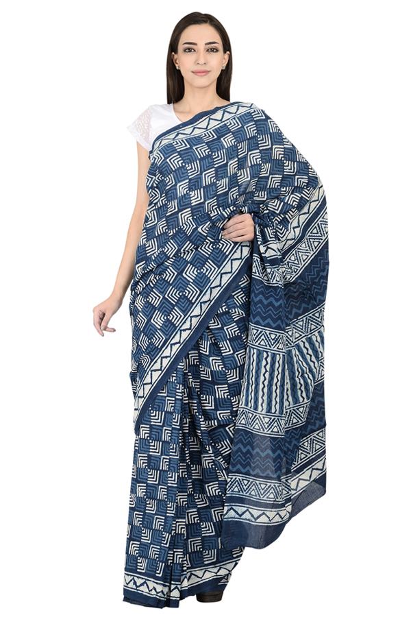 Blue and White Cotton Indigo Print Saree-20083