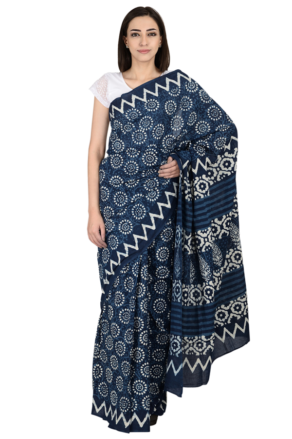 Blue and White Floral Design  Cotton Block Print Saree-20067