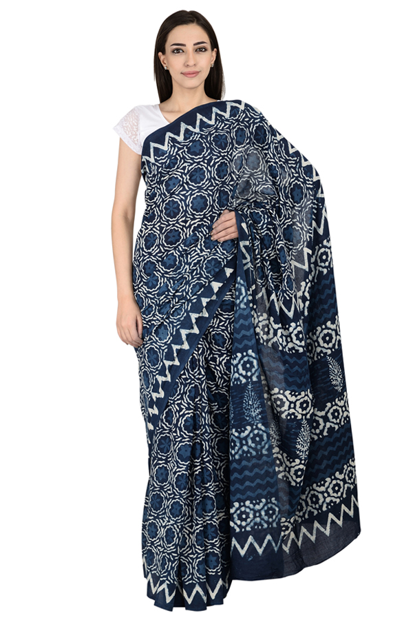 Blue and White Flower Pattern Cotton Block Print Saree-20068