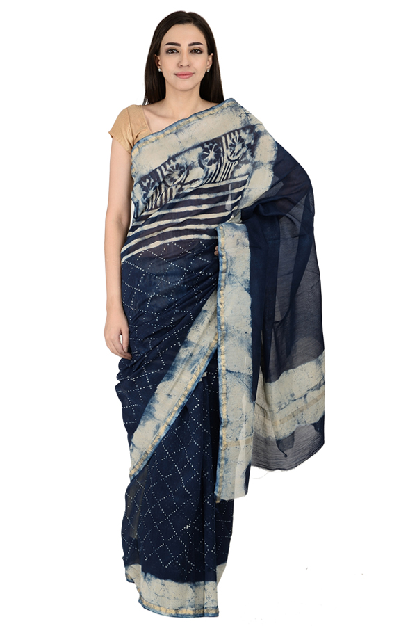 Blue and White Indigo Block Print Chanderi Saree-20149