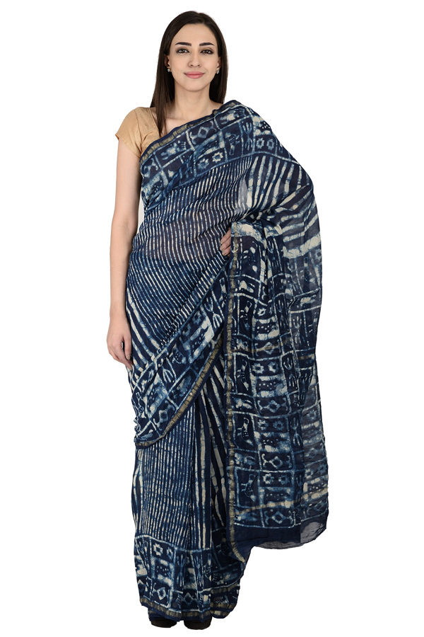 Blue and White Indigo Block Print Chanderi Saree-20151