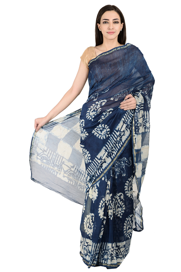 Blue and White Paisley Design Block Print Chanderi Saree-20142