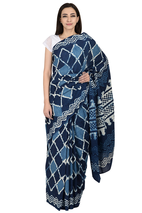 Blue and White Square Design Cotton Block Print Saree-20070