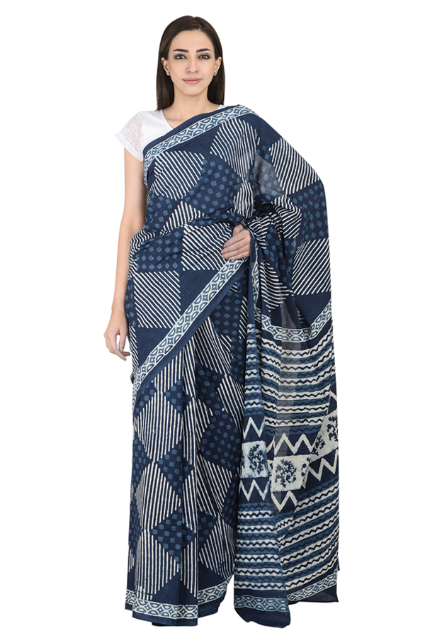 Blue and White Square Design Cotton Indigo Print Saree-20089