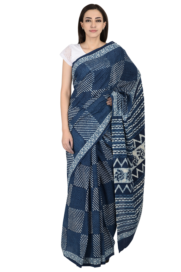 Blue and White Square Pattern Cotton Block Print Saree-20075
