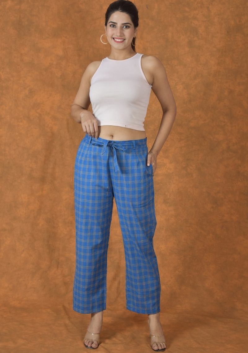 Blue and Yellow Cotton Checks Women Trouser-45233