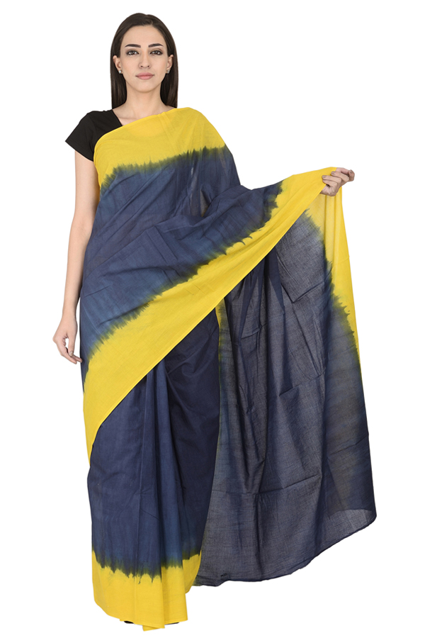 Blue and Yellow Cotton Shibori Print Saree-20105