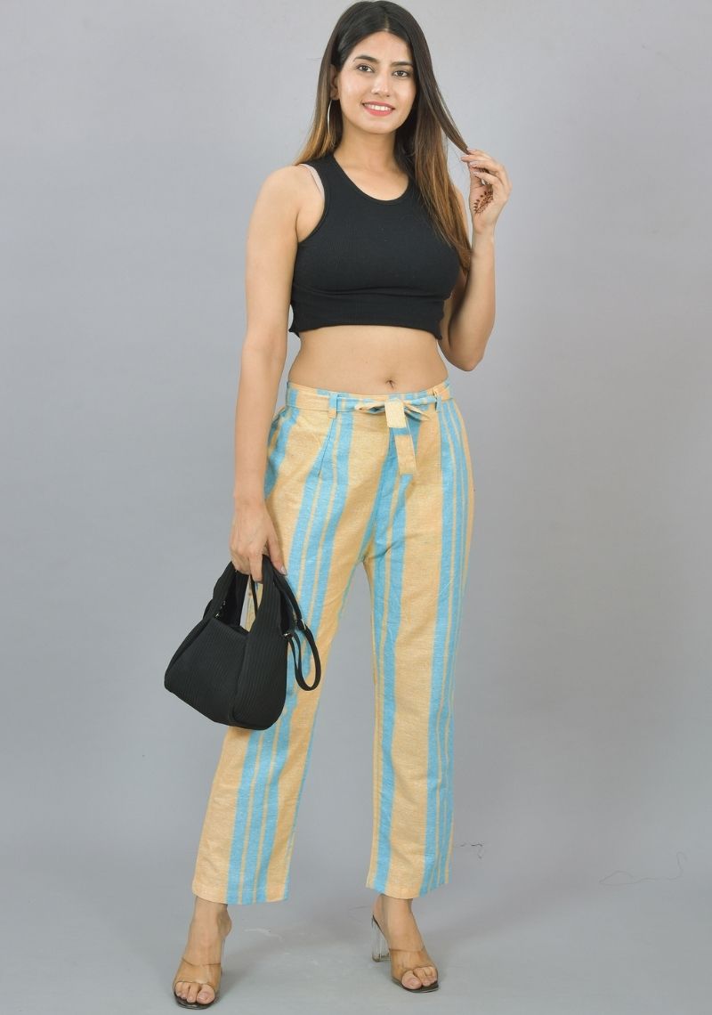 Blue and Yellow Cotton Stripe Women Trouser-45252