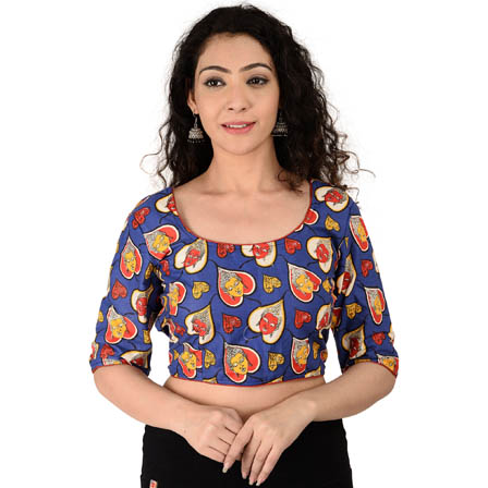 Blue and Yellow Elbow Sleeve Cotton Kalamkari Blouse-30148