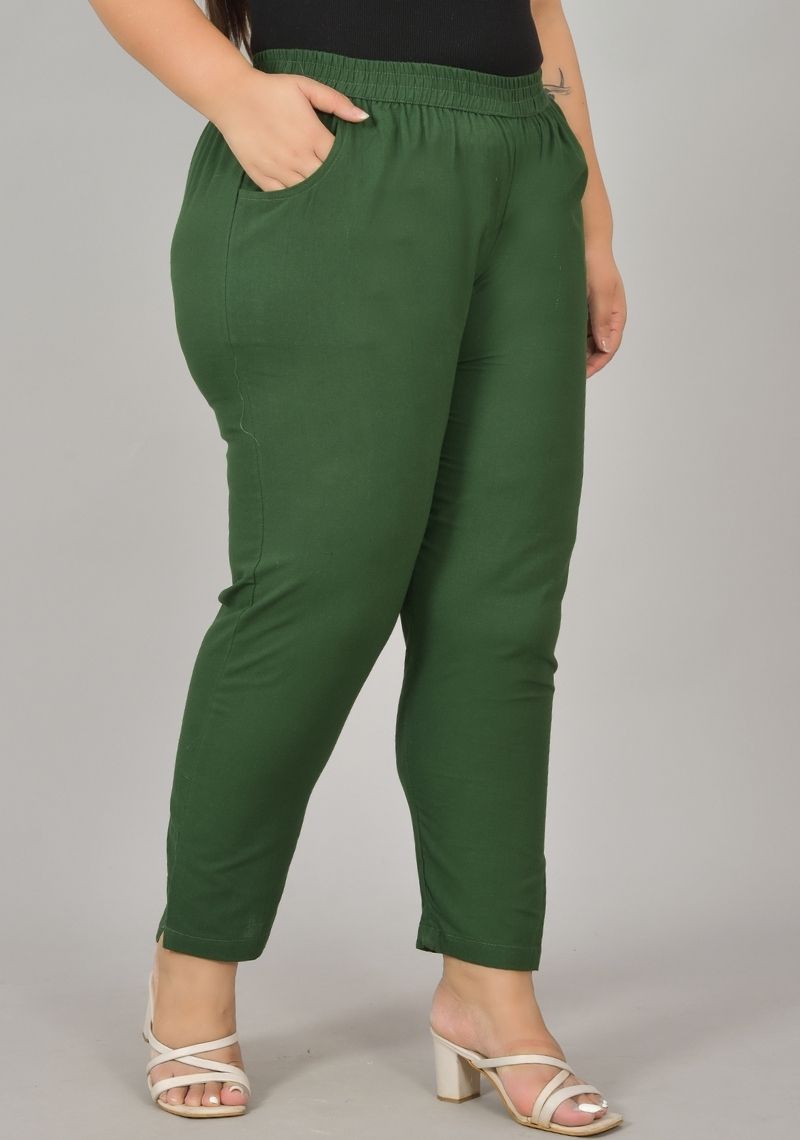 Bottle Green Cotton Plus Size Regular Wear Women Pant-48409