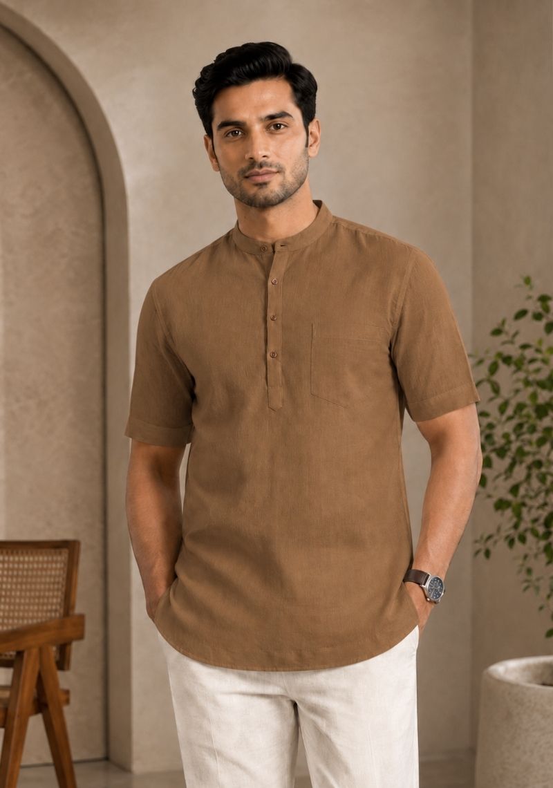 Brown Cotton Half Sleeves Short Kurta-51277