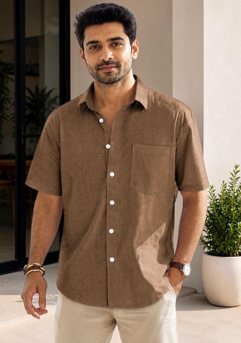 Brown Cotton Linen Relaxed Fit Half Sleeve Shirt-51715