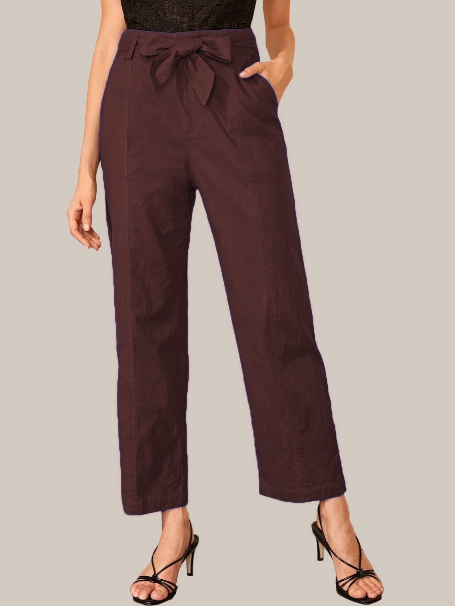 Brown Cotton Solid Wide Leg Pants With Belt-33924