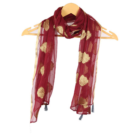 Brown Golden Digital Printed Chiffon Stole with Tassle-33624