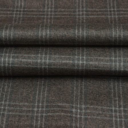 Brown Grey Checks Tweed Wool Fabric-90712