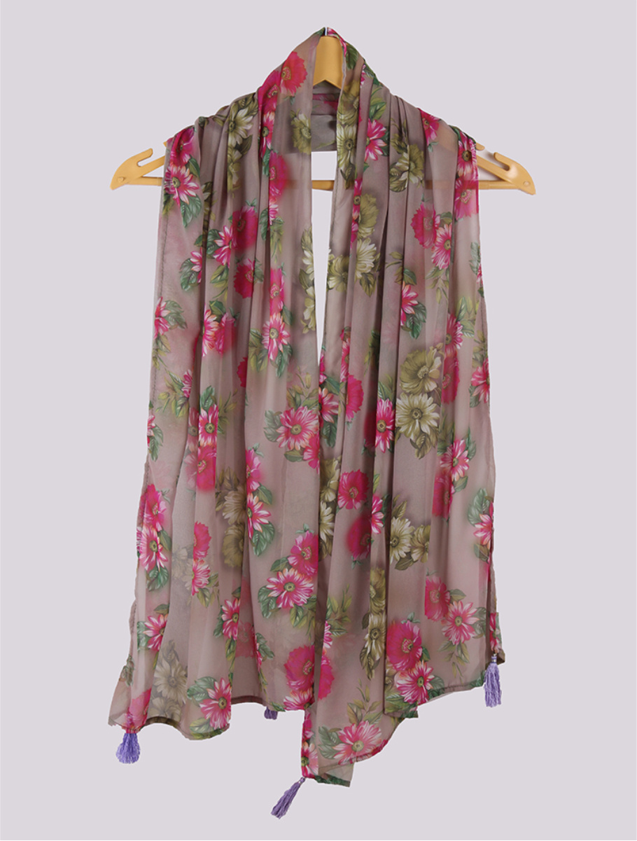 Brown Red Digital Printed Georgette Stole with Tassel-33415