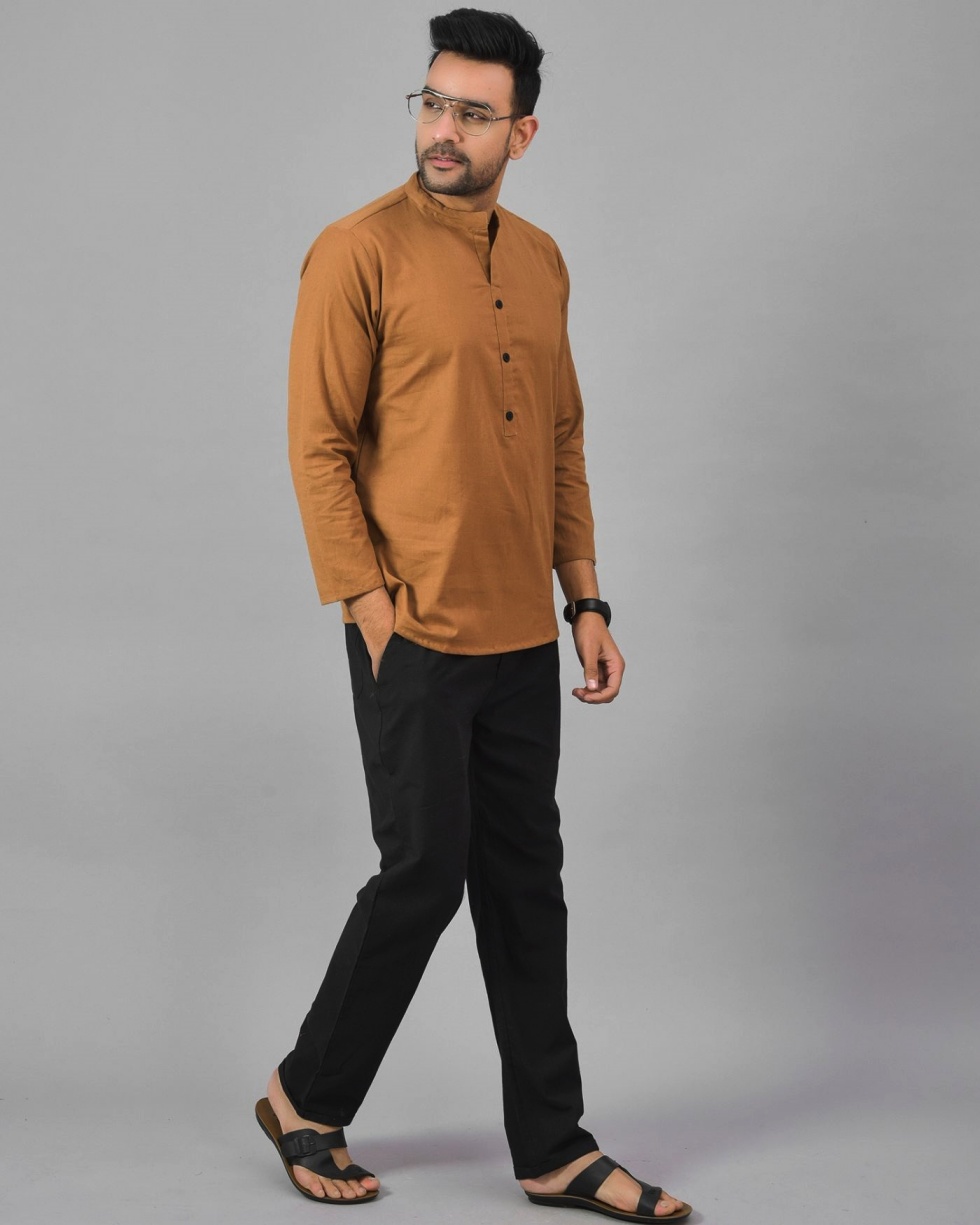 Men Cotton Solid Co-ord Set Brown and Black-25779