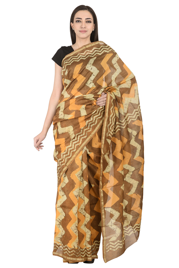 Brown- Off White and Orange Block Print Chanderi Saree-20113
