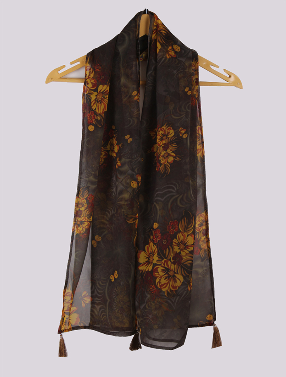 Brown Yellow Digital Printed Georgette Stole with Tassel-33407