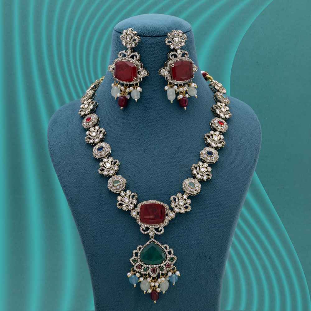 Multi Color Long American Diamond Necklace Set With Vibrant Stones And Luxury Finish-CZN144MLT