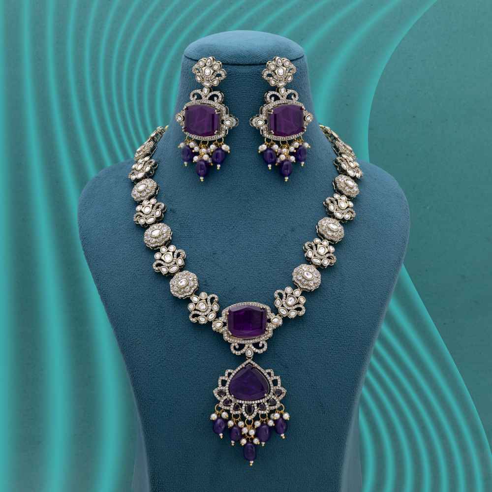 Purple Color Long American Diamond Necklace Set Crafted For Statement Festive Looks-CZN144PRP