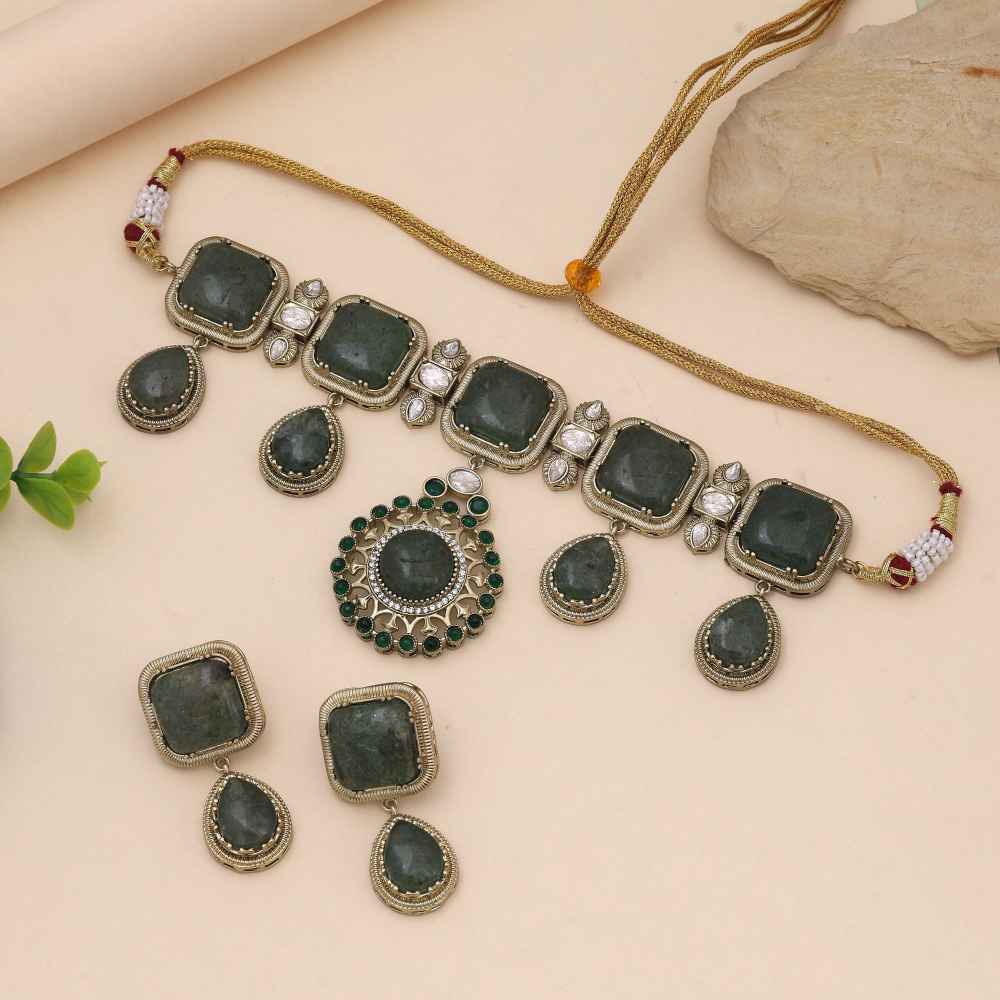 Green Color Choker American Diamond Necklace Set With Elegant Traditional Appeal-CZN145GRN
