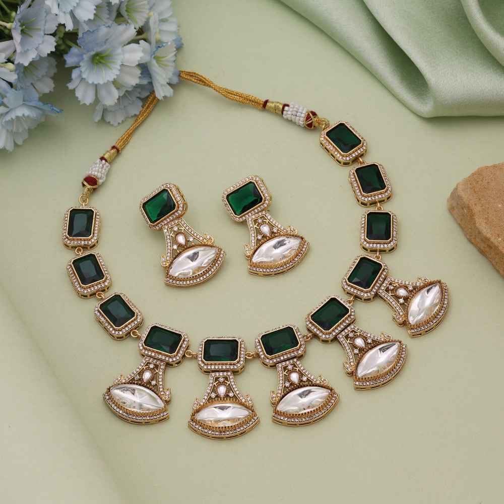 Green Color American Diamond Necklace Set Crafted For Elegant Cultural Occasions-CZN146GRN
