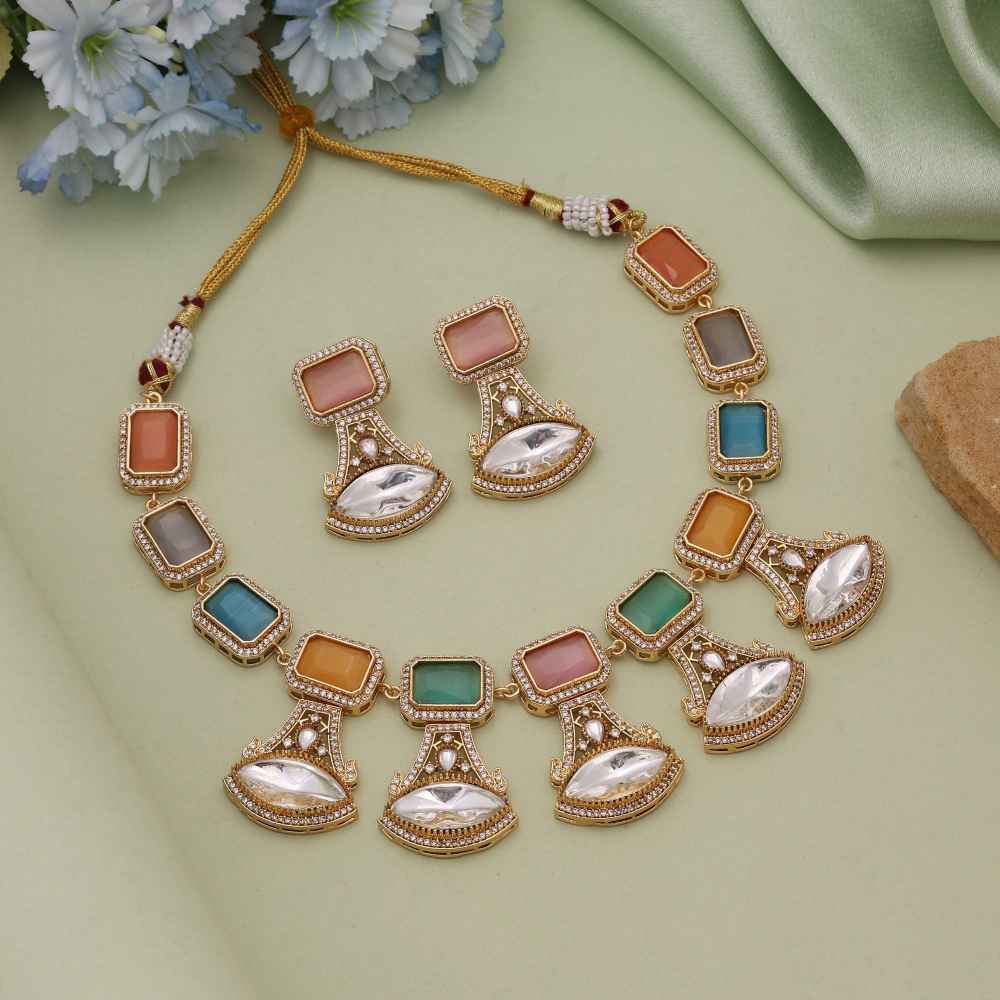 Multi Color American Diamond Necklace Set Designed For Festive And Wedding Wear-CZN146MLT
