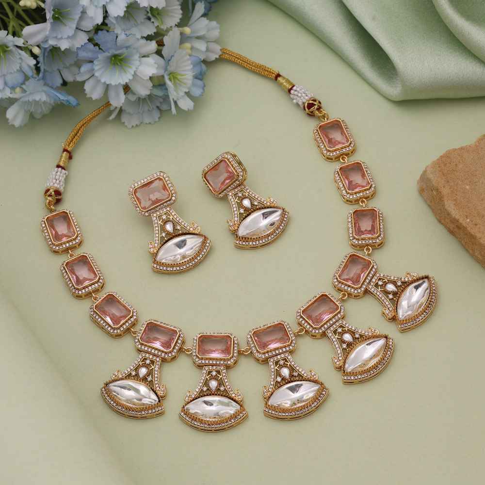 Pink Color American Diamond Necklace Set Offering Graceful Shine For Celebrations-CZN146PNK
