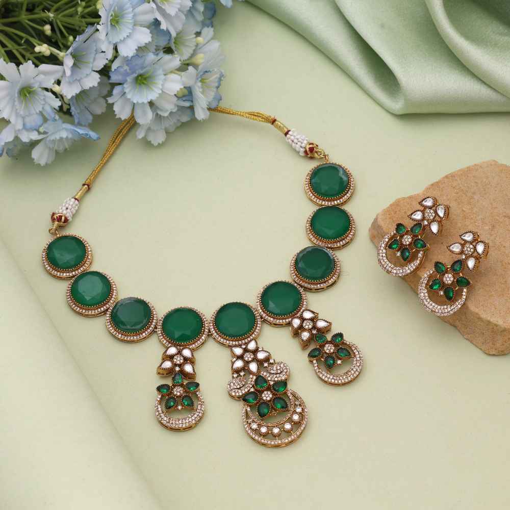 Green Color American Diamond Necklace Set Designed For Timeless Traditional Styling-CZN147GRN