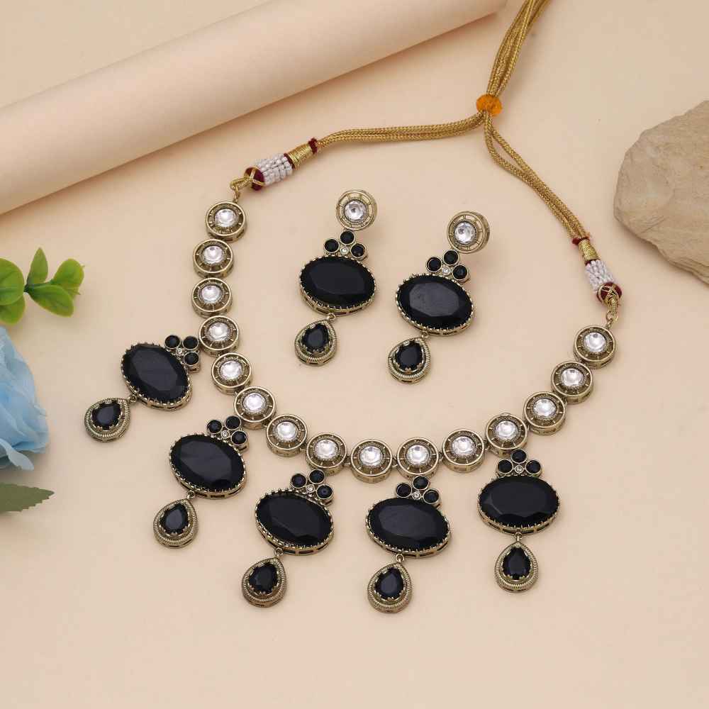 Black Color American Diamond Necklace Set Crafted For Bold Statement Jewellery Lovers-CZN148BLK