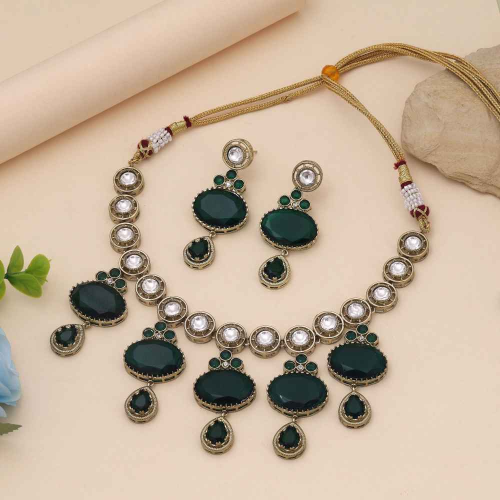 Green Color American Diamond Necklace Set With Premium Finish For Festive Looks-CZN148GRN