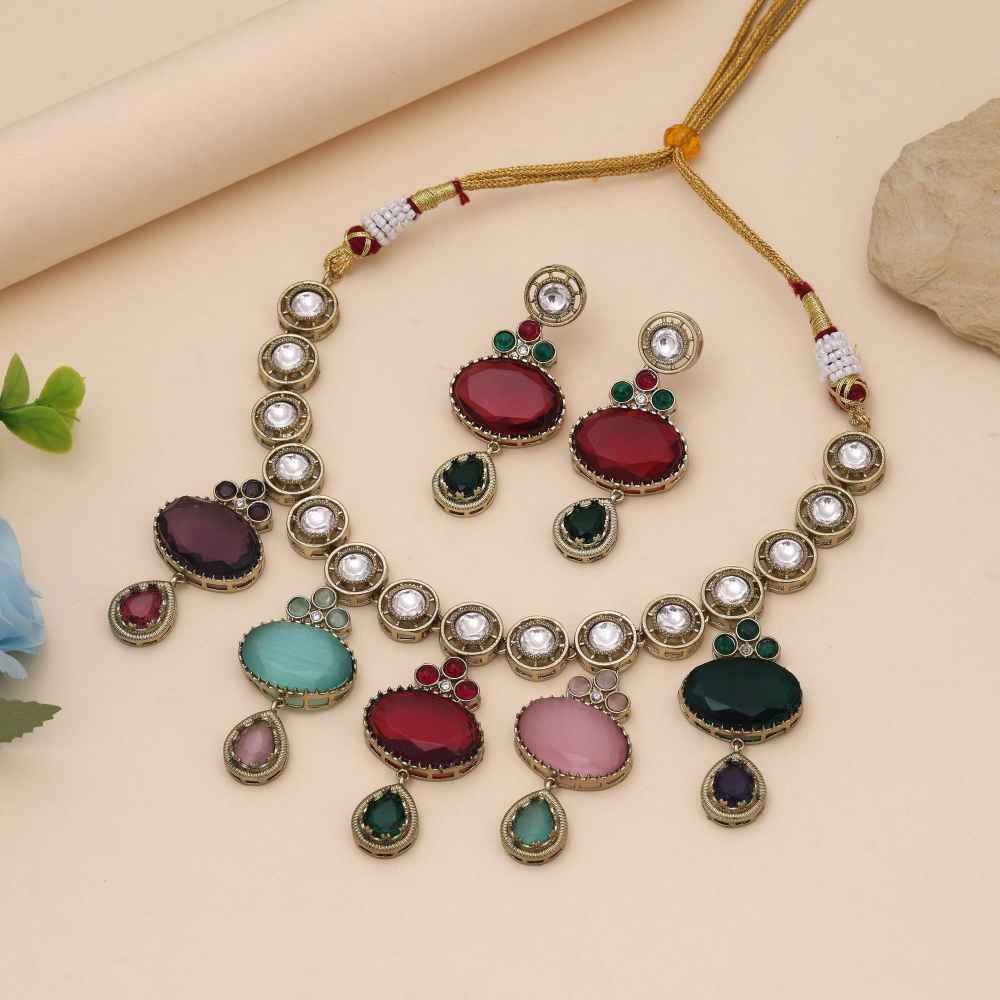 Multi Color American Diamond Necklace Set Blending Classic Design With Modern Style-CZN148MLT
