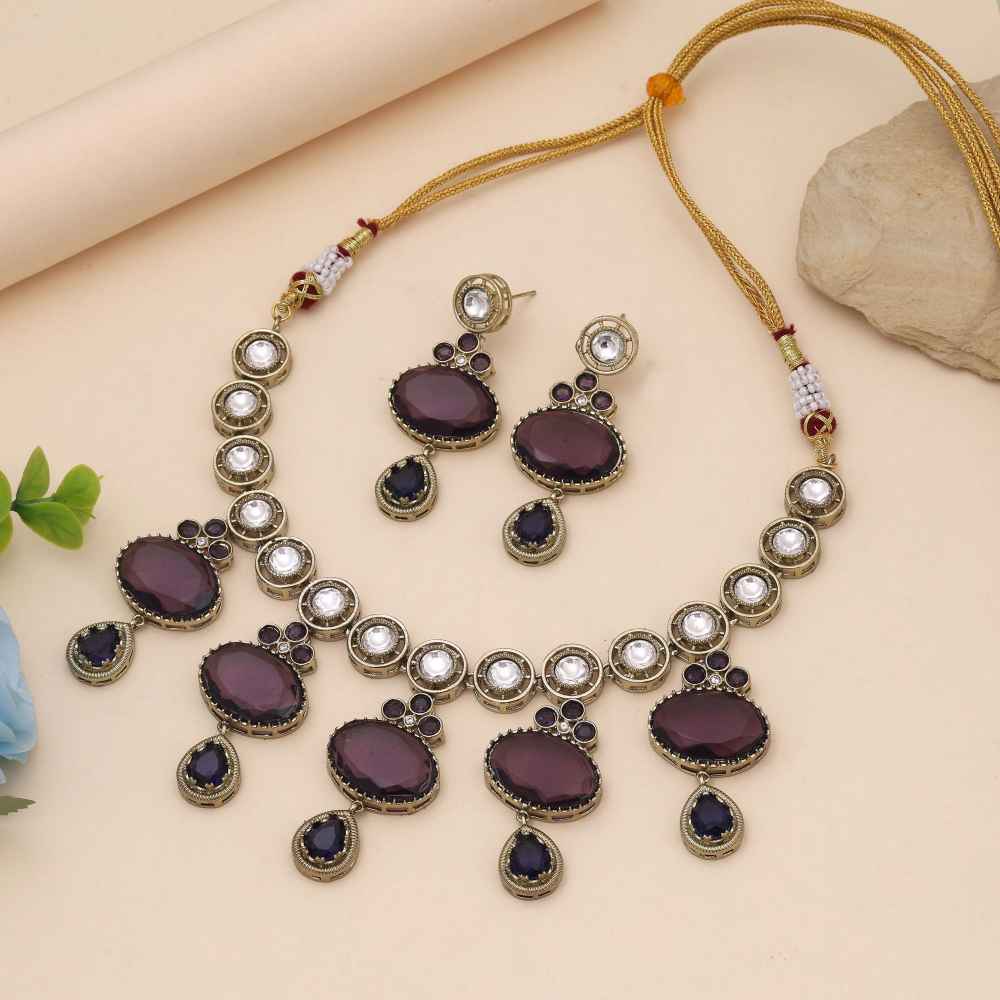 Purple Color American Diamond Necklace Set Inspired By Royal Elegance And Glamour-CZN148PRP