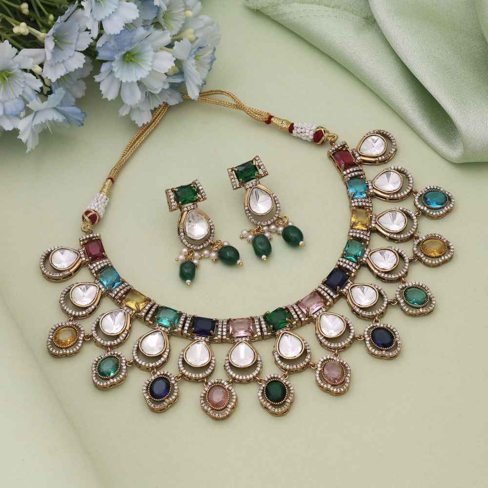 Multi Color American Diamond Necklace Set Created For Grand Festive Jewellery Styling-CZN150MLT