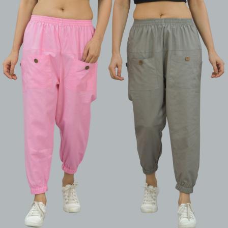 Combo of 2 Baby Pink and Gray Pure Cotton Four Pocket Cargo Pants-45382