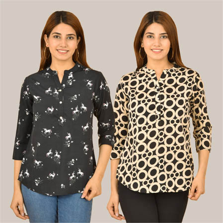 Combo of 2 Beige and Black Crepe Women Printed Top-38557