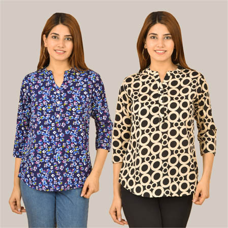 Combo of 2 Beige and Blue Crepe Women Printed Top-38587