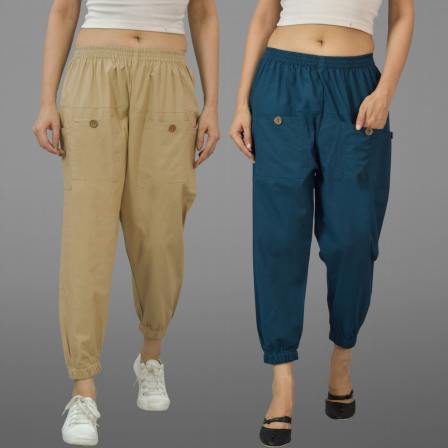 Combo of 2 Beige and Denim Pure Cotton Four Pocket Cargo Pants-45496
