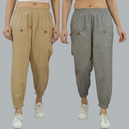 Combo of 2 Beige and Gray Pure Cotton Four Pocket Cargo Pants-45380