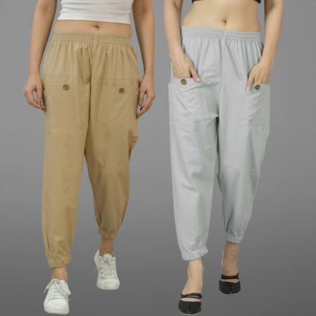 Combo of 2 Beige and Light Gray Pure Cotton Four Pocket Cargo Pants-45495