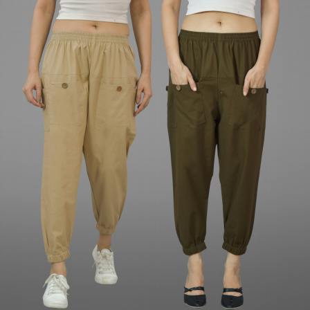 Combo of 2 Beige and Mehndi Green Pure Cotton Four Pocket Cargo Pants-45493
