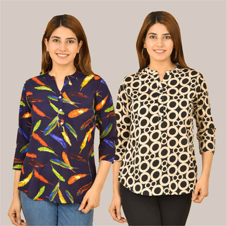 Combo of 2 Beige and Navy Blue Crepe Women Printed Top-38578