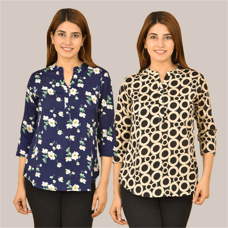 Combo of 2 Beige and Navy Blue Crepe Women Printed Top-38590